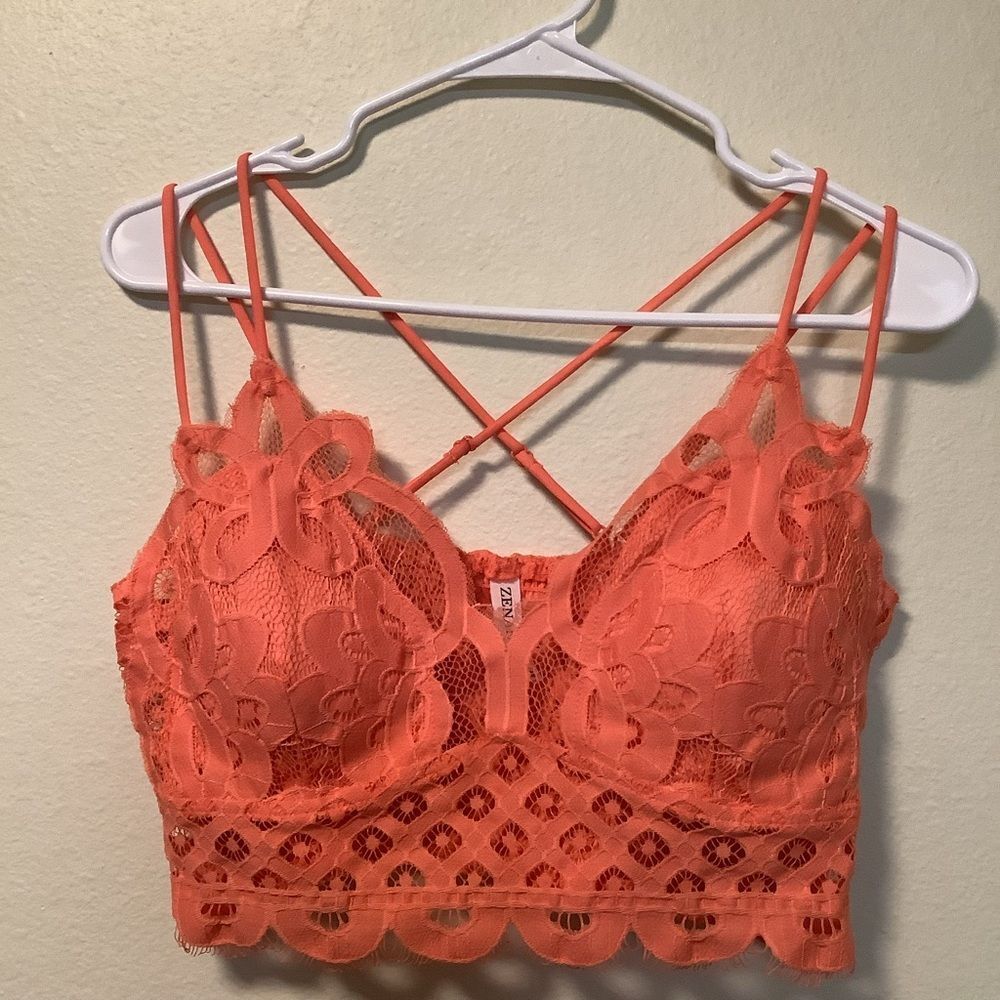 Zenana women 1X cotton blend salmon peach crochet lace bralette smocked back bra